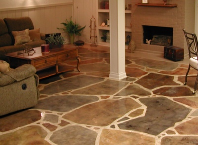 Multi-colored stone designed interior living room floor.
