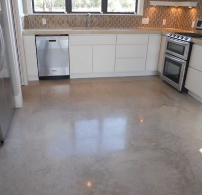 Simple stained and polished basement kitchen floor in Roanoke.